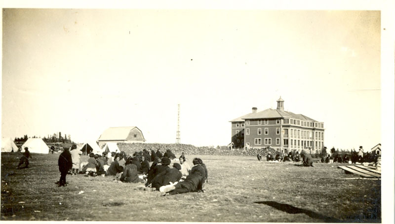 Community members camp on the grounds of Norway House, IRS.