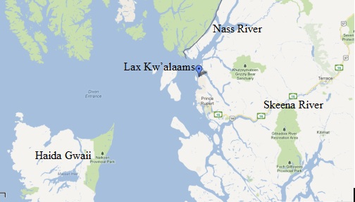 Map of location in northern British Columbia of Lax Kw'alaams (Port Simpson).