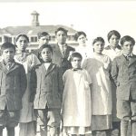 The reverend with children from Poplar River who attend Norway House Indian Residential School.