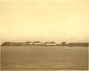 Village of Norway House, Manitoba, seen from a distance from the water, with the village on the horizon