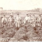 Children in field harvesting large carrots, staff member is with them, photo caption reads 