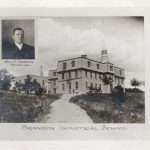 Brandon Residential School and surrounding property, with a square portrait with caption Rev. T. Ferrier, Principal affixed to the upper left hand corner.