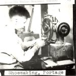 Child working at shoemaking machine, caption reads 