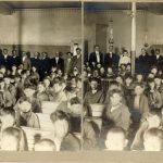 Large group of youth seated, facing front with staff in the back of the building. Image is a stereograph.