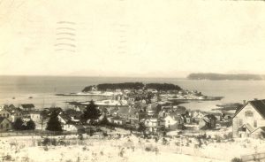 View of Lax Kw'alaams from a high elevation. Roof tops and shoreline are seen in the forground, ocean seen in the background. Distant shoreline seen at the horizon.