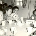 Boys eating lunch, Morley Indian Residential School, circa 1950.
