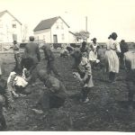 Children planting seeds in a field, Red Deer Industrial Institute building behind them