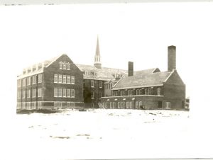 Rear view of Edmonton Residential School in winter.